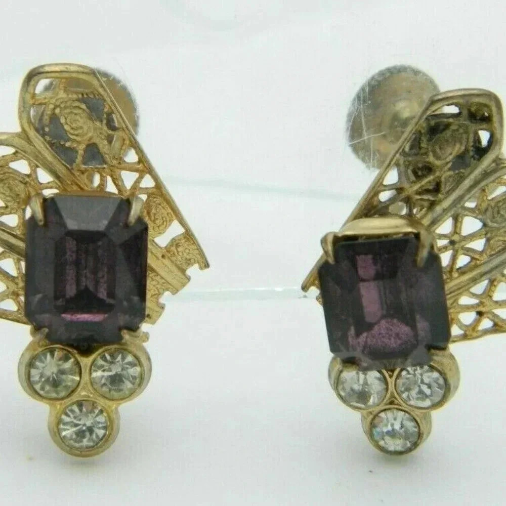 Art Nouveau Style Purple Clear Rhinestone Earrings